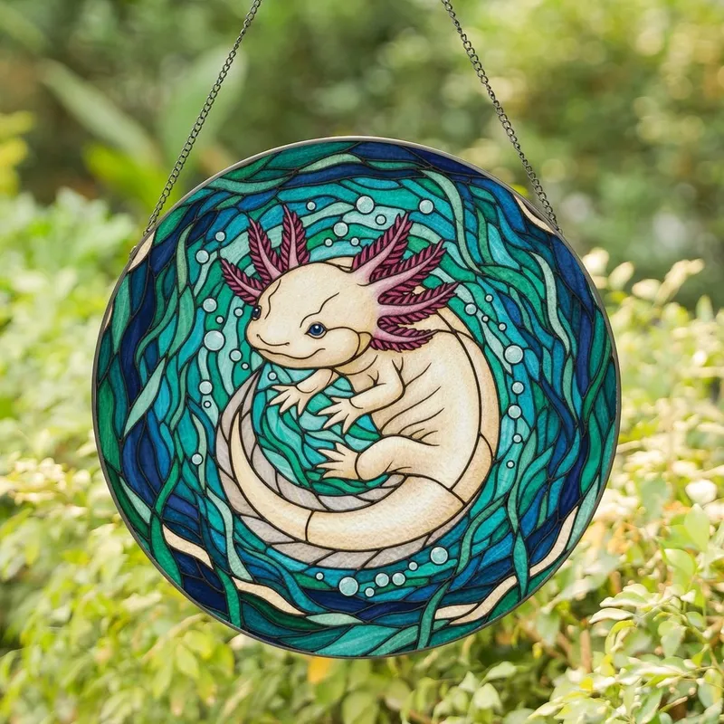 Aquatic Art Lovers' Majestic Axolotl Tiffany Stained Glass Jewel Tone Mosaic Design Stained Glass Suncatcher - 1