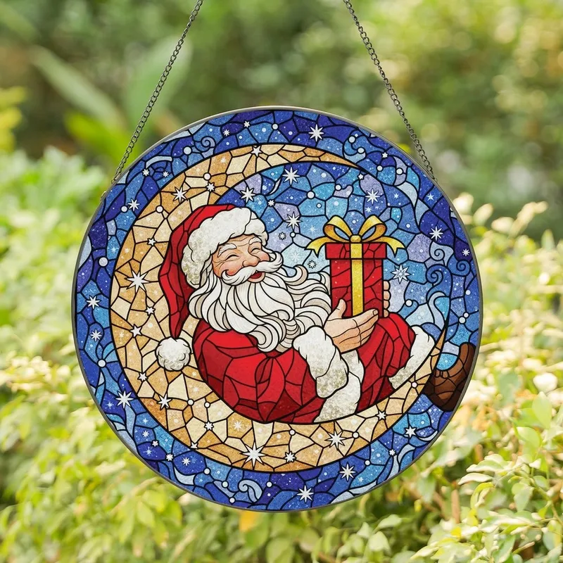 Holiday Art Enthusiasts Tiffany Stained Glass Santa Moon Ruby Red Amber Jewel Tones Mosaic Night Sky Stained Glass Suncatcher - lWwySAPpwt
