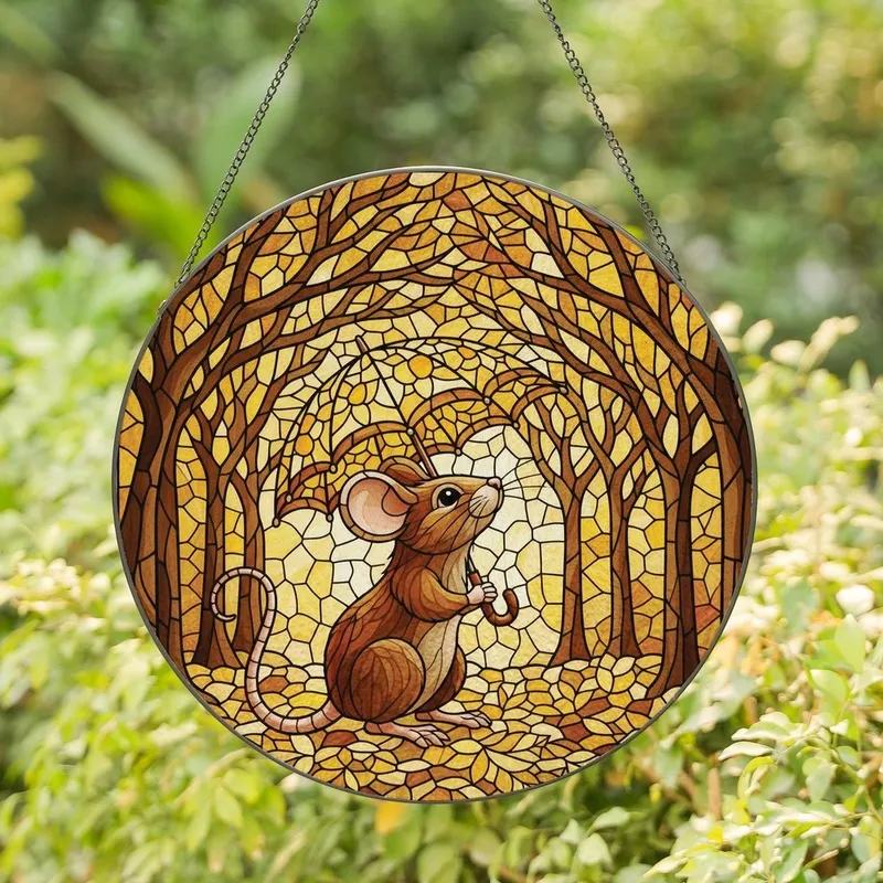Whimsical Art Lovers' Tiffany Style Stained Glass Mouse Autumn Leaves Jewel Tones Stained Glass Suncatcher - 1