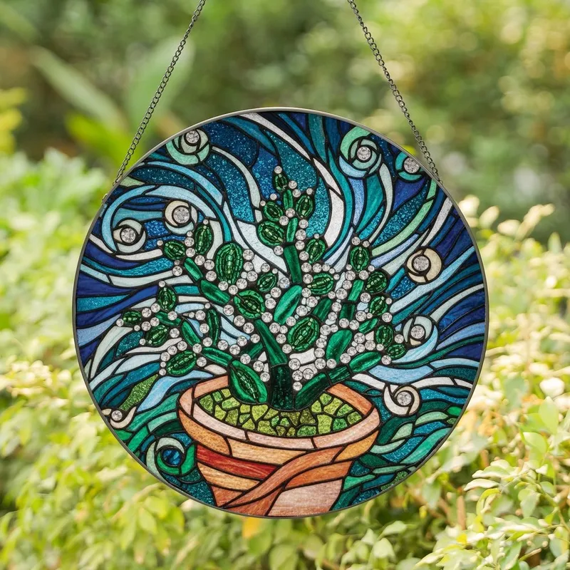 Nature Lovers' Glowing Stained Glass Emerald Terracotta Teal Beaded Succulent Mosaic Pattern Stained Glass Suncatcher - 1
