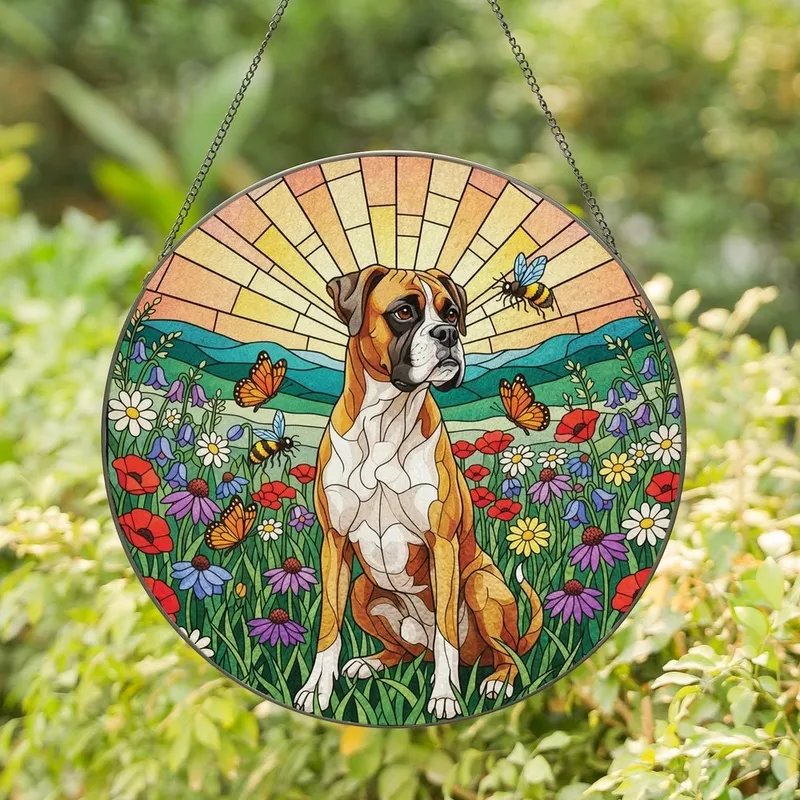 Boxer Dog Lovers' Tiffany Stained Glass Fawn Boxer Wildflower Jewel Tone Mosaic Stained Glass Suncatcher - venAE5u2KT