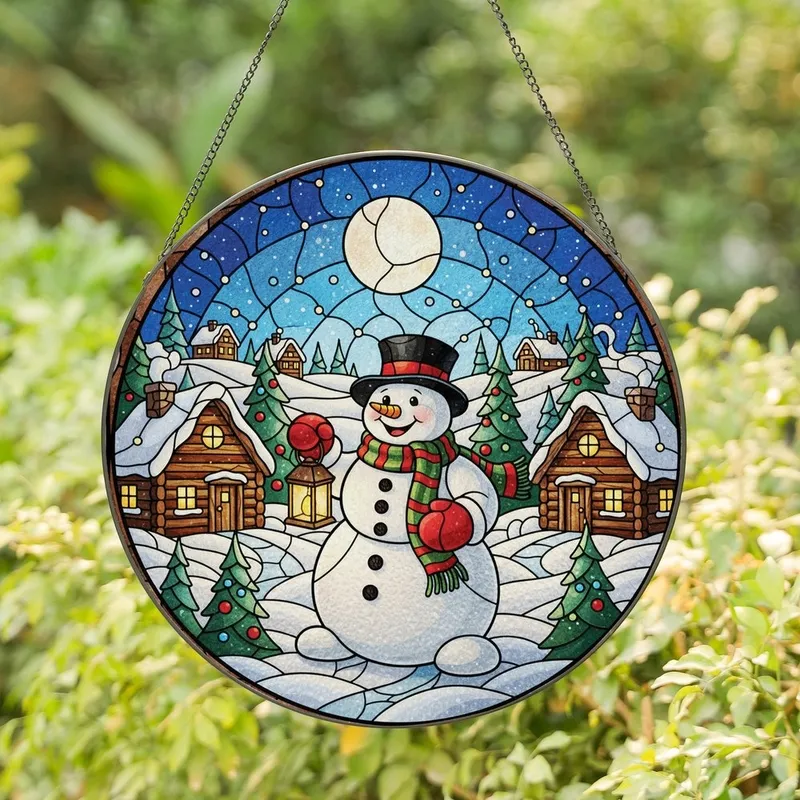 Winter Lovers' Cheerful Snowman Tiffany Stained Glass Winter Village Mosaic in Jewel Tones Stained Glass Suncatcher - 1