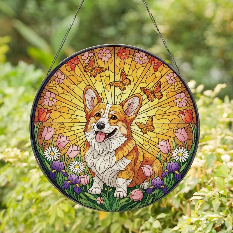 Corgi Lovers' Tiffany Style Stained Glass Happy Corgi Dog, Floral Meadow Mosaic, Jewel Tone Spring Flowers, Golden Glow Stained Glass Suncatcher - s21T6AUPzv