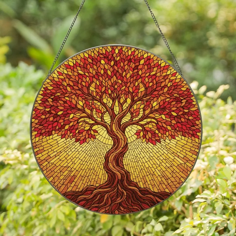 Nature Lovers' Intricate Tiffany Stained Glass Tree of Life Autumn Jewel Tone Mosaic Stained Glass Suncatcher - l3Del0X_vn