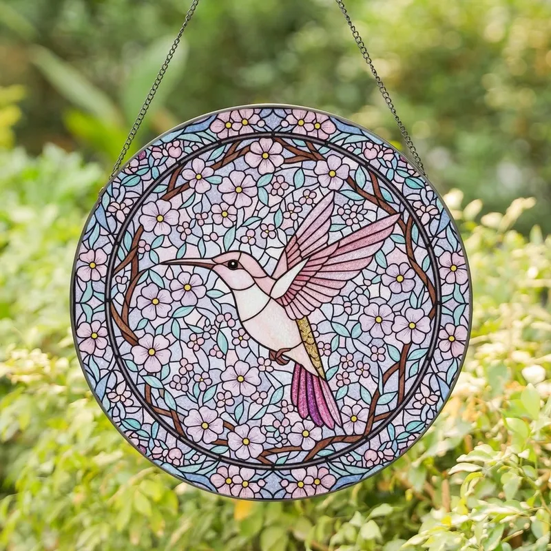 Women's Glowing Pink Purple Golden Hummingbird Stained Glass Garden Art Stained Glass Suncatcher - 1