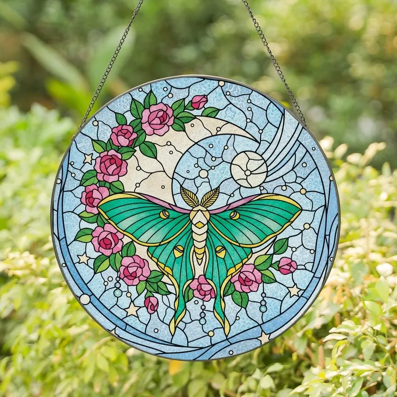Celestial Nature Lovers' Intricate Tiffany Stained Glass Luna Moth Crescent Moon Floral Mosaic Emerald Green Rosy Pink Stained Glass Suncatcher - 1