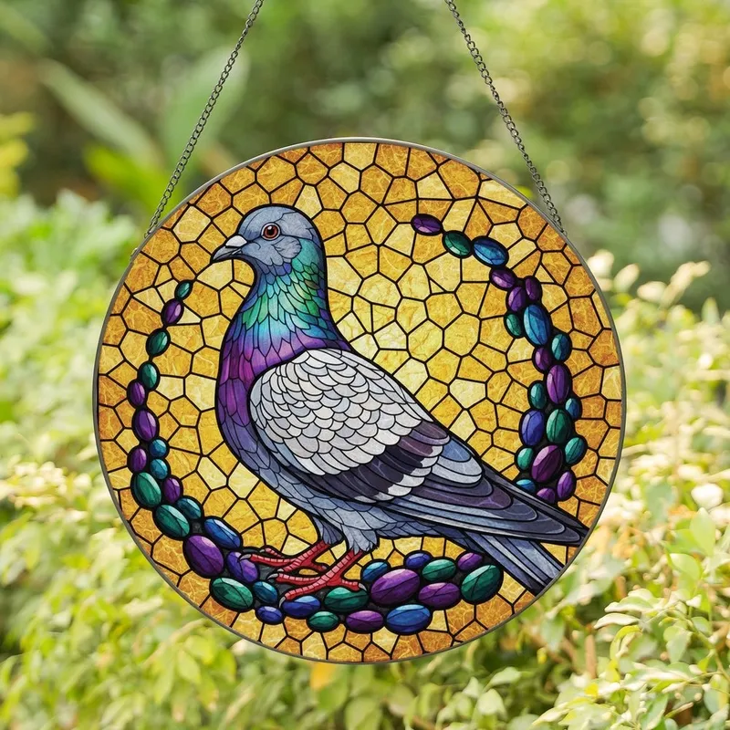 Art Enthusiasts' Intricate Stained Glass Rock Dove Pigeon Mosaic with Iridescent Jewel Tones Stained Glass Suncatcher - 1