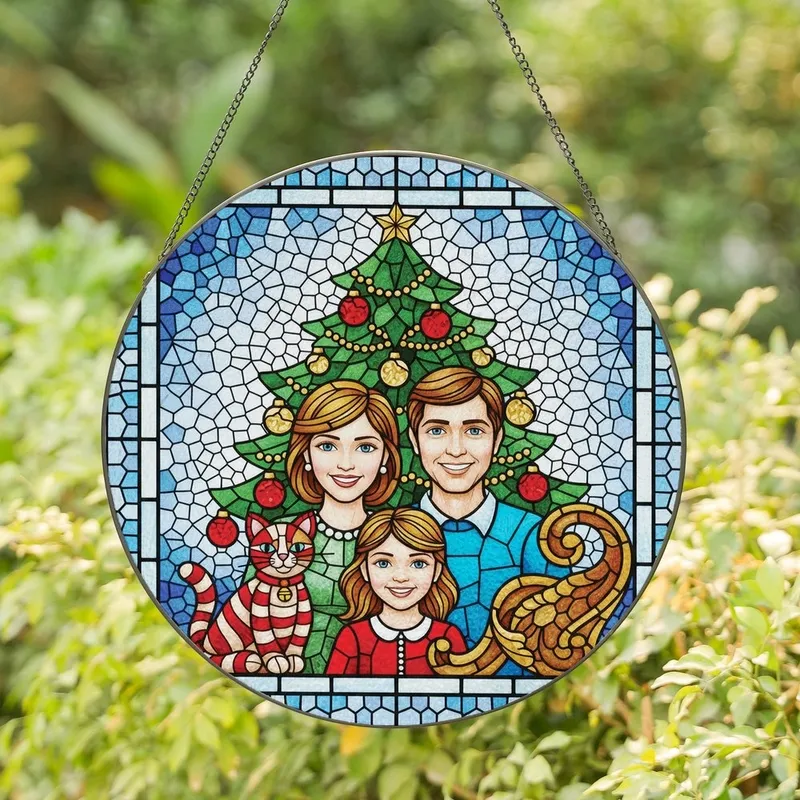 Festive Family Stained Glass Christmas Portrait, Jewel Tone Mosaic Background, Golden Tree & Plush Cat Stained Glass Suncatcher - 1
