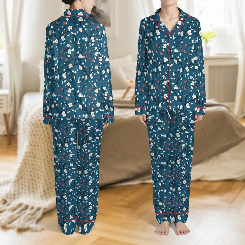 Women's Four-Season Satin Lapel Pajama Set: Delicate Teal Botanical Print Satin Pajamas Set - 1