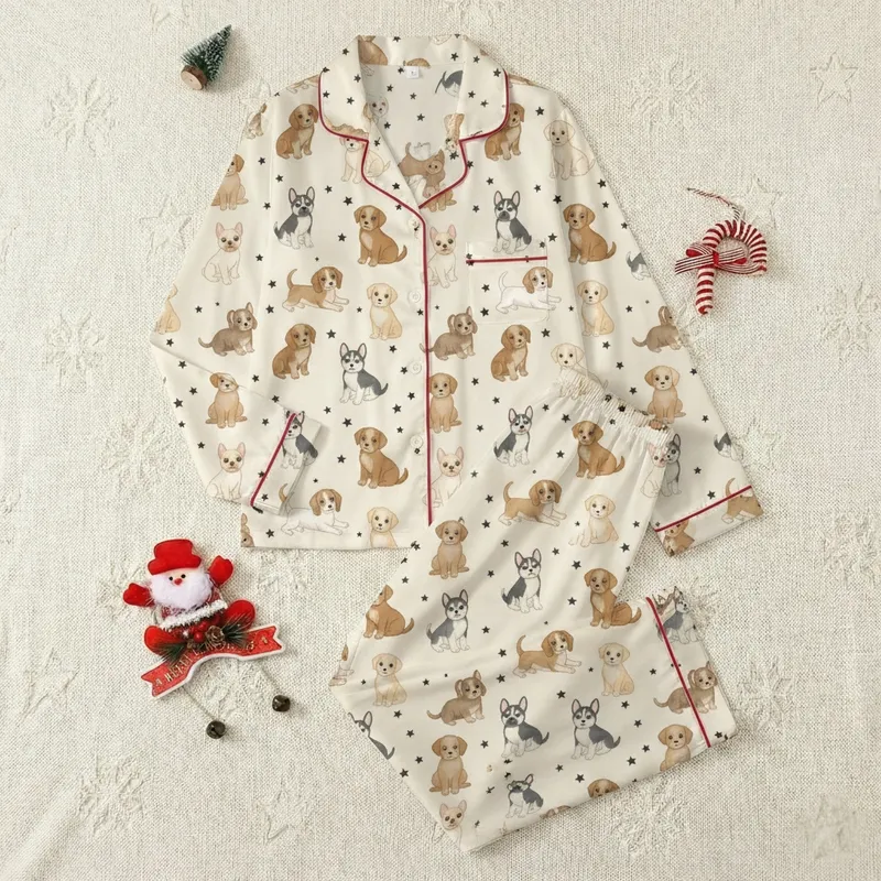 Women's Elegant Puppy Pattern Sleep Set: Multi-Breed Dog Illustrations & Stars Satin Pajamas Set - 1