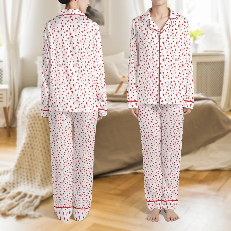 Women's Delicate Red Heart Print Long Sleeve Button-Up & Shorts Pajama Loungewear Set Satin Pajamas Set - 1