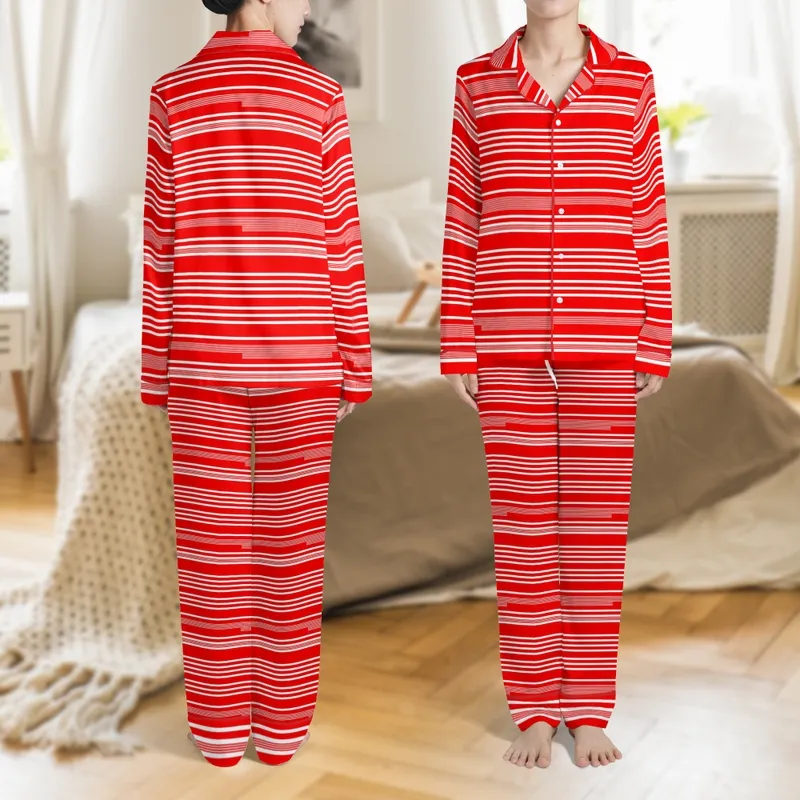 Women's Bright Red White Varied Horizontal Stripe Long Sleeve & Pants Crew Neck All-Season Sleep Set Satin Pajamas Set - 1