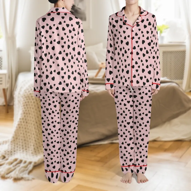 Women's Velvet Love: Irregular Black Hearts on Muted Dusty Rose Sleep Set Satin Pajamas Set - 1
