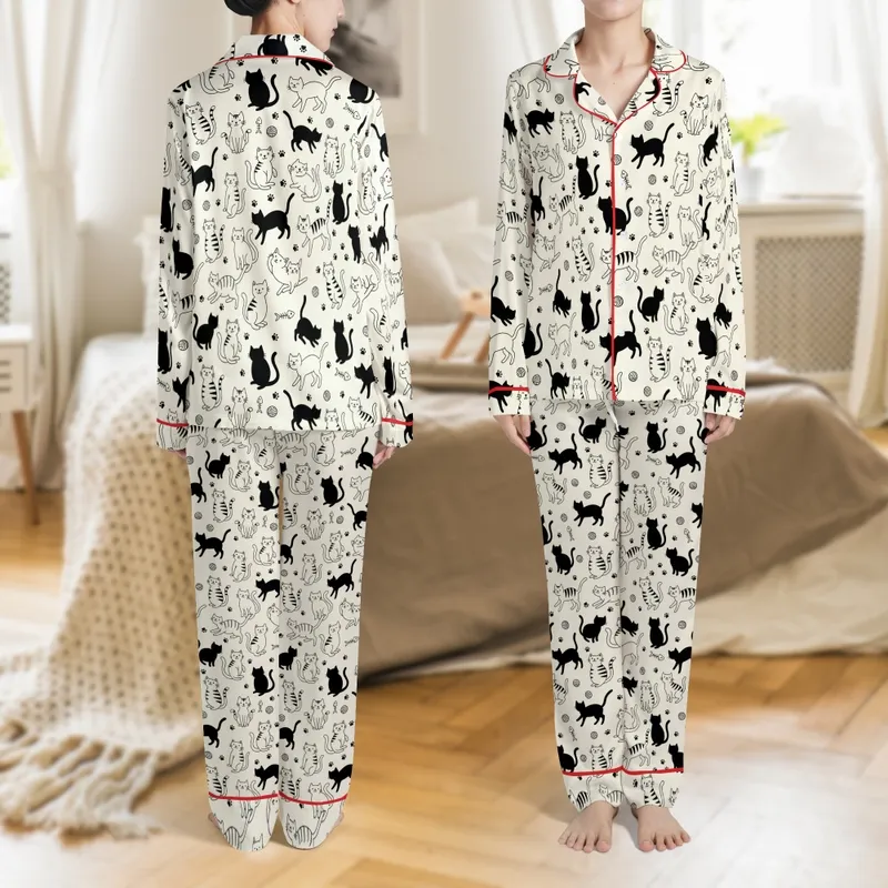 Women's Summer Whimsical Hand-Drawn Feline Print Pajamas Set: Open Front Short Sleeve Shorts, Built-In Padding, Thin Polyester Satin Pajamas Set - 1