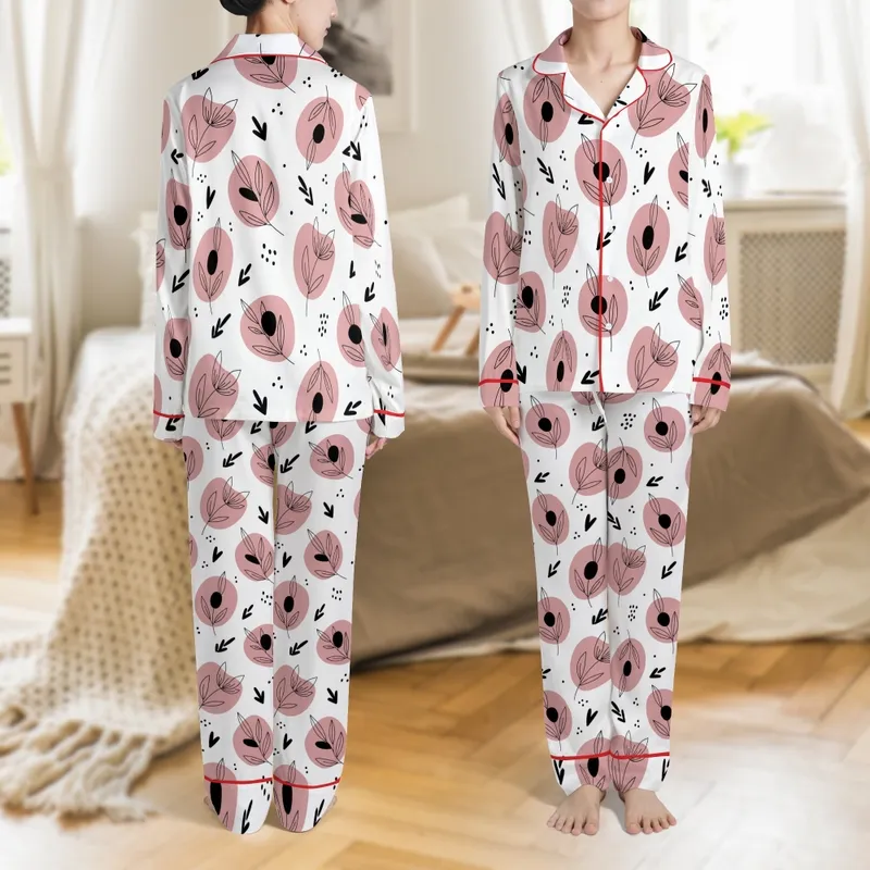 Plus Size Women's Abstract Pink & Black Botanical Pattern Crew Neck Polyester Blend Loungewear Set Satin Pajamas Set - 1