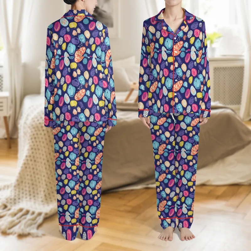 Women's Plus Size Navy Organic Splotch 4pc Long Sleeve Pajamas Set Multi-Color Print Satin Pajamas Set - 1