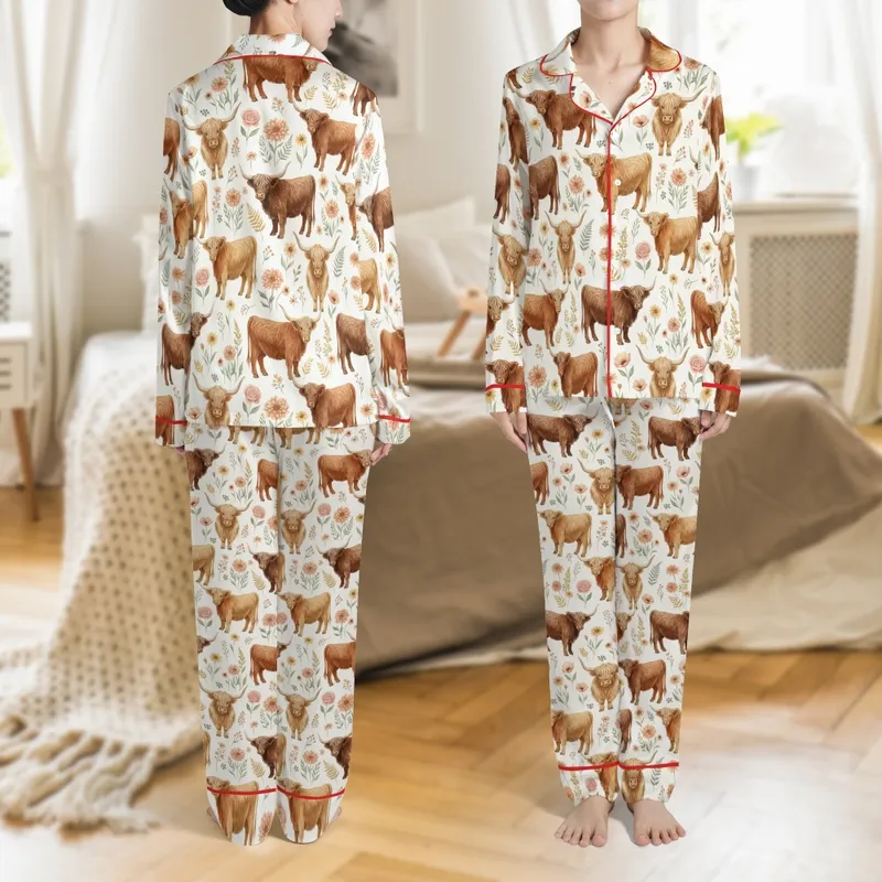 Farmhouse Highland Cow Pajamas: Fluffy Watercolor Floral Farm Animal Sleep Set Satin Pajamas Set - 1