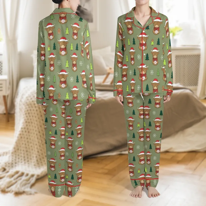Festive Highland Cow: Santa Hat, Hot Cocoa & Gingerbread Pattern - Unisex Cotton Blend Garment Satin Pajamas Set - 1