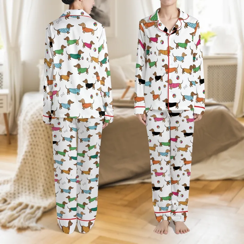 Women's Matching Dachshund Pajamas: Whimsical Sweater Dog Pattern Sleep Set Satin Pajamas Set - 1