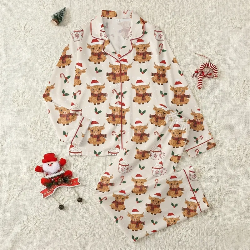 Scottish Highland Cow Christmas Faux Chunky Knit Stacked Cow Design Loungewear Satin Pajamas Set - 1