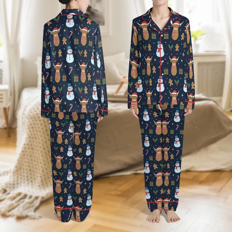 Cozy Winter Pajamas: Hand-Drawn Highland Cow & Festive Friends - Holiday Sleepwear Satin Pajamas Set - 1