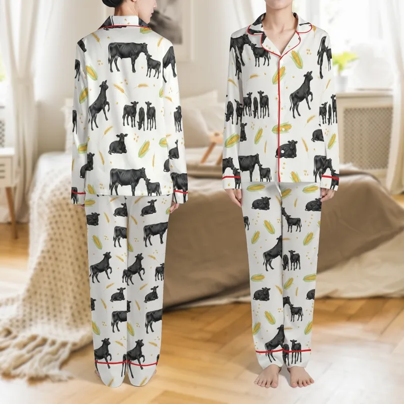 Women's Farm Calves Pajamas: Charcoal Sketch Pattern, Corn & Wheat Motif - Polyester Sleep Set Satin Pajamas Set - 1