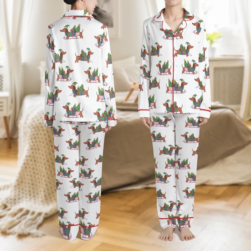 Unisex Funny Dachshund Christmas Satin Pajamas: Whimsical Dog, Tree & Gift Sleds Pattern Satin Pajamas Set - 1