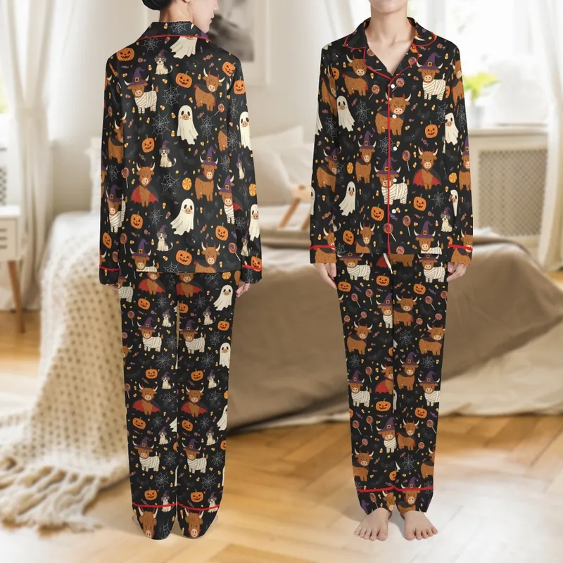 Family Halloween Pajama Set: Cute Highland Cow Ghost Witch Vampire Mummy Dog Candy Corn Design Satin Pajamas Set - 1