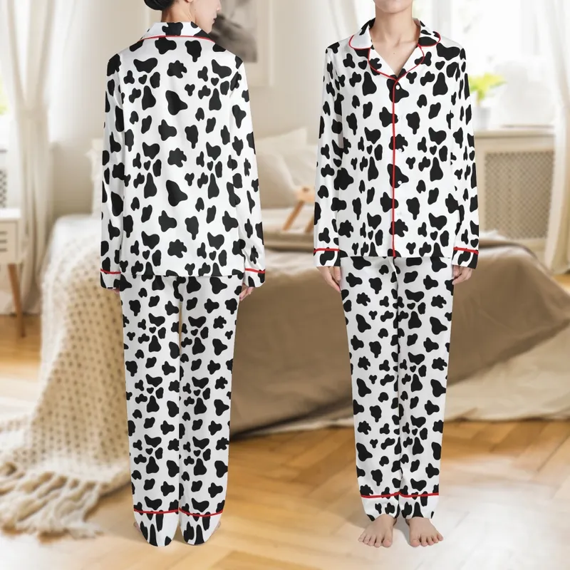 Women's Funny Bohemian Cowhide Pajamas: Button-Down Sleep Set with Stylized Black Shapes Satin Pajamas Set - 1
