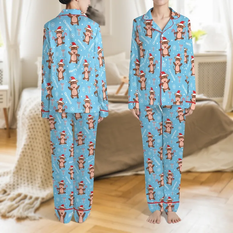 Women's Adorable Cartoon Cow Christmas Lounge Pants: Santa Hat, Candy Cane & Snowflake Pattern Satin Pajamas Set - 1