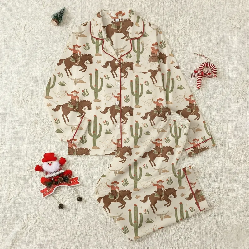 Western Family Christmas Sleep Set: Vintage Cowboy Santa Rodeo Cactus Pattern Satin Pajamas Set - 1