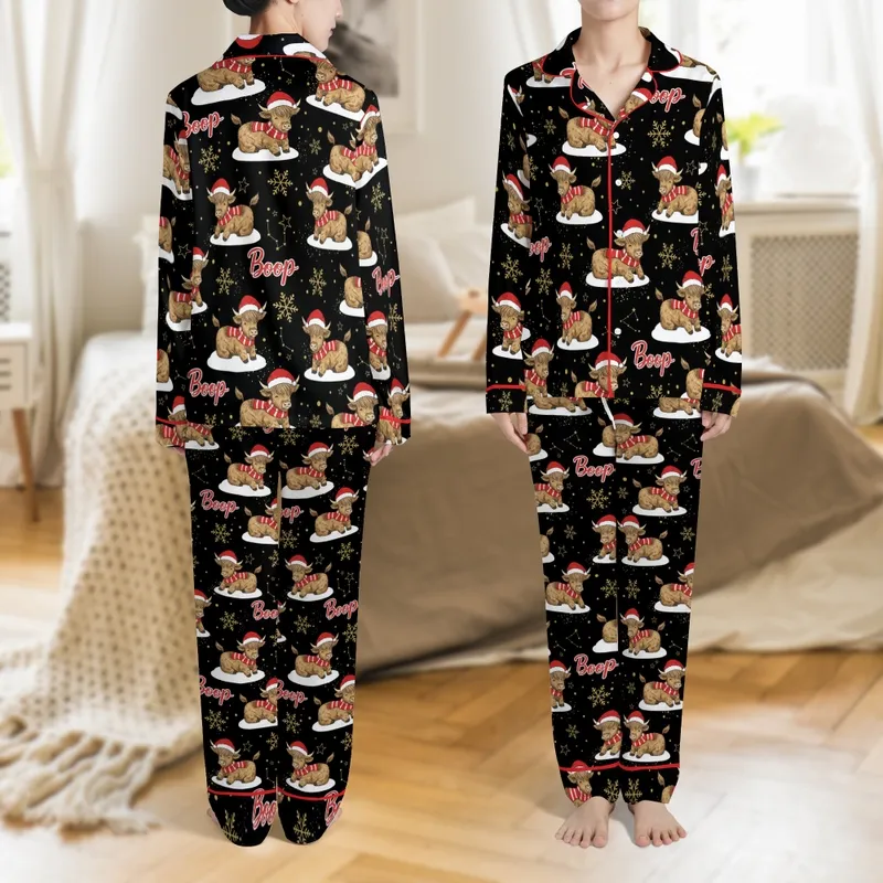 Western Country Christmas: Whimsical Highland Calf 'Boop' Snow Pattern Sleep Set Satin Pajamas Set - 1