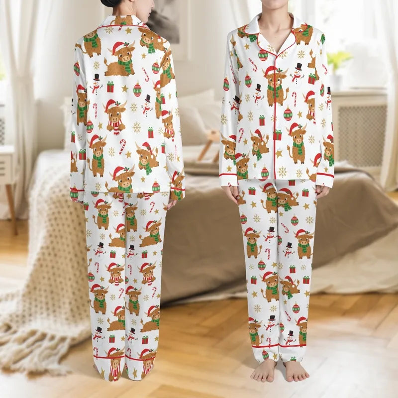 Christmas Highland Cow Pajamas: Whimsical Santa Hat & Snowman Pattern Sleep Set Satin Pajamas Set - 1