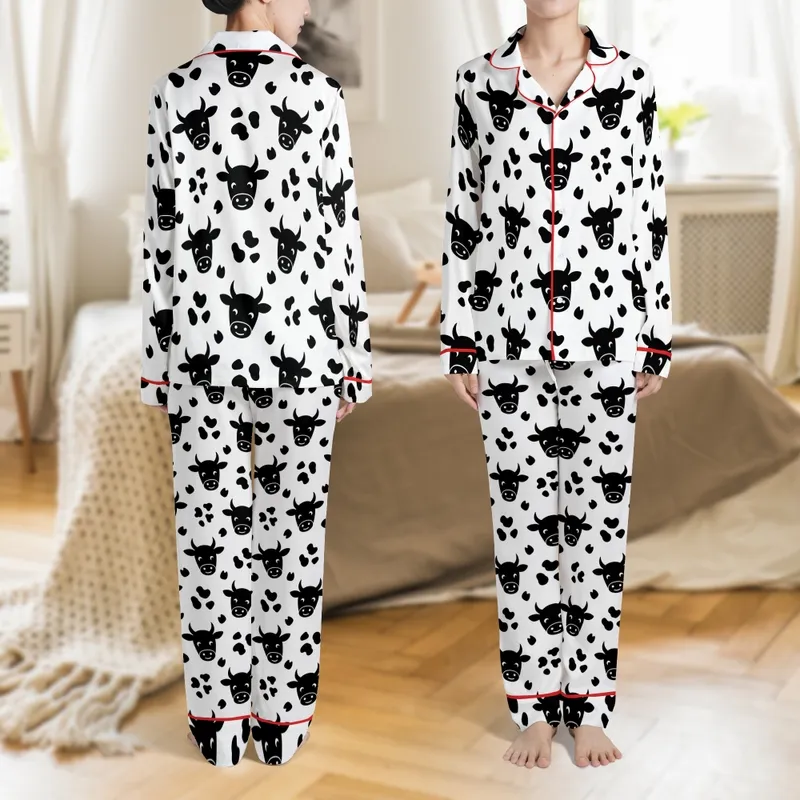 Western Cow Print Pajama Pants: Stylized Black Cow Head & Spot Pattern - Soft Polyester Sleepwear Satin Pajamas Set - 1