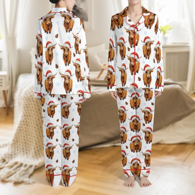 Whimsical Impasto Santa Highland Cow Satin Pajama Set for Cozy Christmas Nights - 1