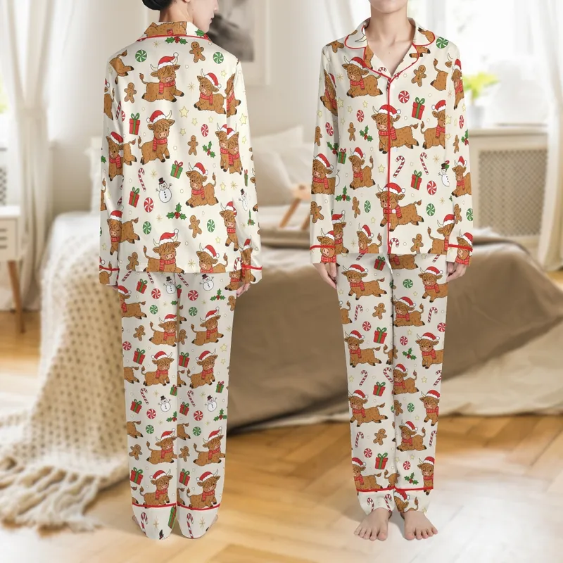 Highland Cow Pajamas: Whimsical Fluffy Calf, Santa Hat Satin Pajamas Set - 1