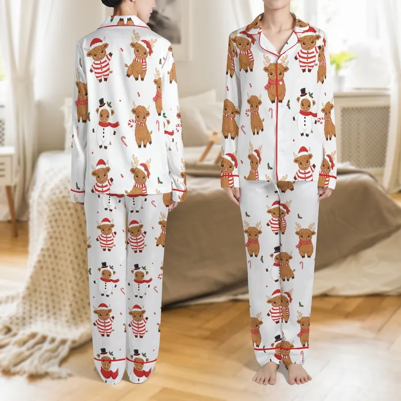 Festive Christmas Pajamas: Whimsical Baby Highland Cows - Santa, Snowman, Reindeer, Candy Cane Satin Pajamas Set - 1