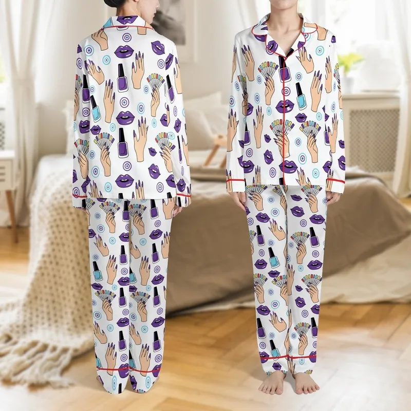 Nail Tech Lover's Satin PJs: Vibrant Purple Nail Art & Polish Bottles Pattern - Silky Short-Sleeve Set Satin Pajamas Set - 1