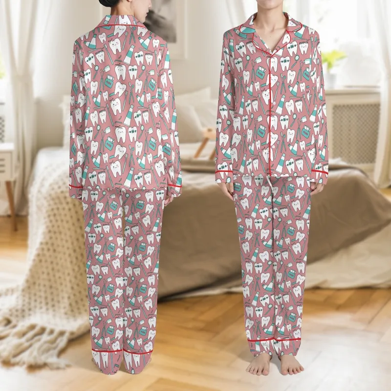 Dentist Women's Satin Pajamas: Cute Cartoon Tooth & Tool Pattern Sleepwear Set Satin Pajamas Set - 1