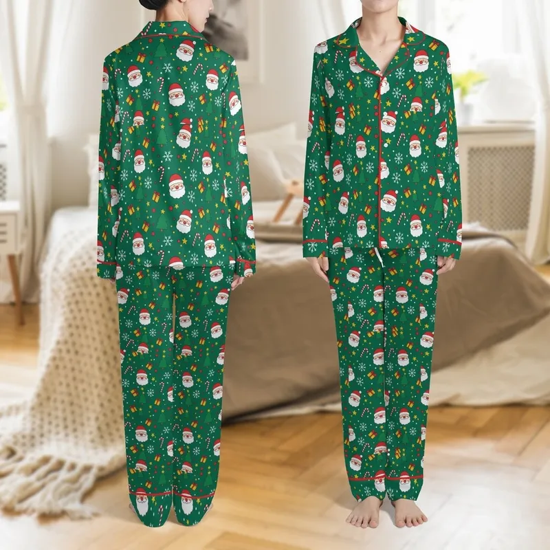 Women's Emerald Green Whimsical Santa & Candy Cane V-Neck Button Sleep Set Satin Pajamas Set - 1