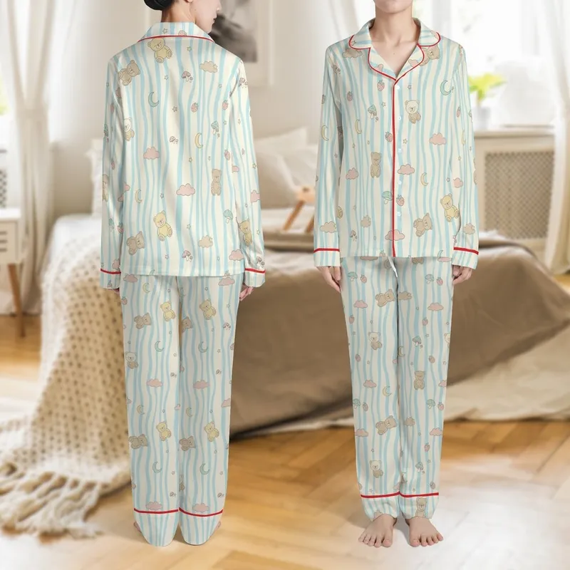 Women's Cute Bear Cloud Two-Piece Loungewear: Cream Blue Wavy Long Sleeve V-Neck Set Satin Pajamas Set - 1