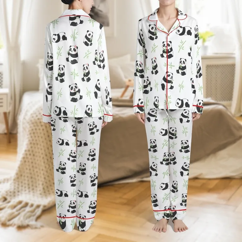 Panda Lover's Sleep Set: Cute Cartoon Panda & Bamboo Pattern - Cozy Loungewear Satin Pajamas Set - 1