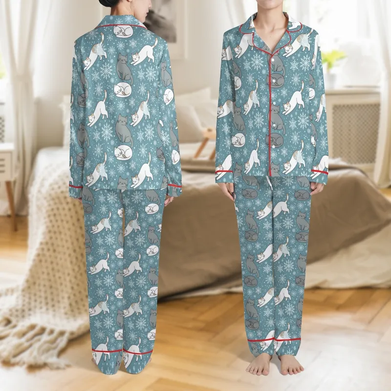 Cat Lover's Personalized Sleep Set: Whimsical Teal Cat & Snowflake Pajamas Satin Pajamas Set - 1