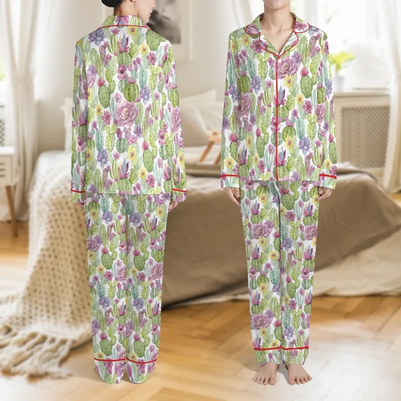 Succulent Lover's Botanical Pajamas: Hand-Painted Cacti & Vibrant Watercolor Sleep Set Satin Pajamas Set - 1