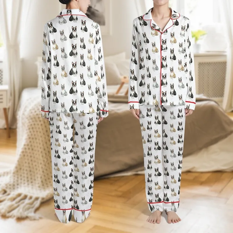 Boston Terrier Dog Moms Watercolor Puppy Pattern Velveteen Plush Gift Throw Satin Pajamas Set - 1