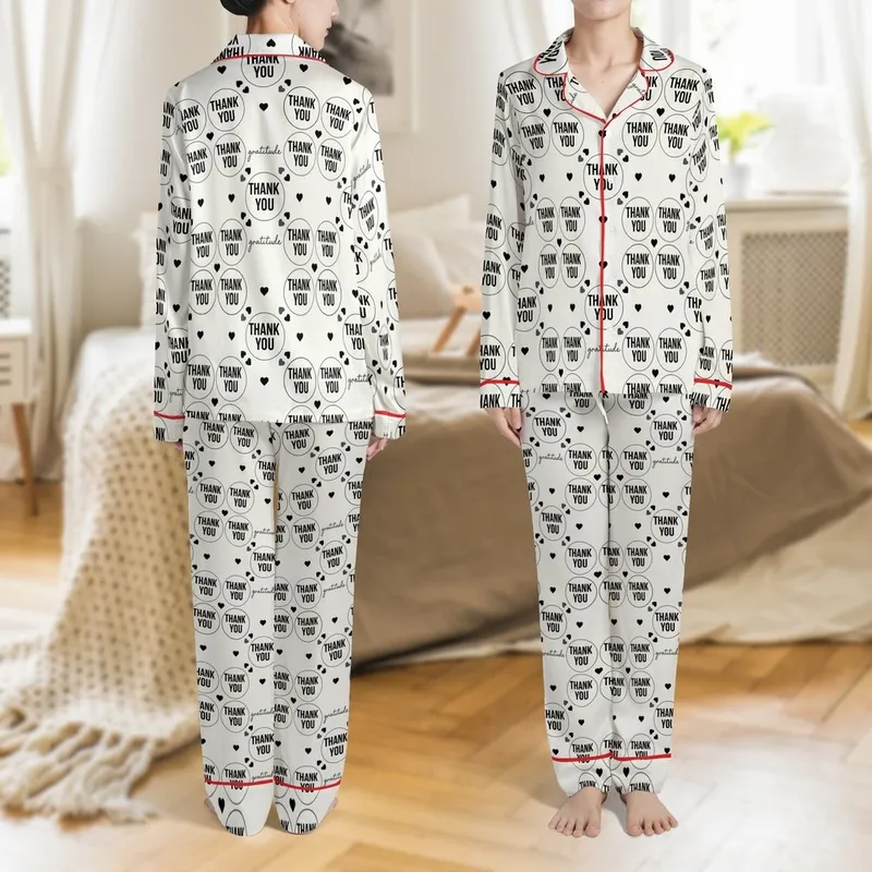 Elegant Thank You Pattern Pajamas: Minimalist Black & White Gratitude Sleepwear Satin Pajamas Set - 1