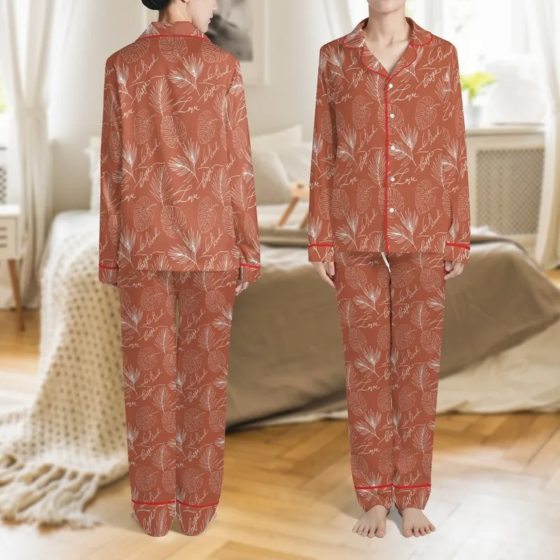 Personalized Bridal Satin Pajamas Set: Terracotta Tropical Palm Leaf & Script Print V-Neck Satin Pajamas Set - 1