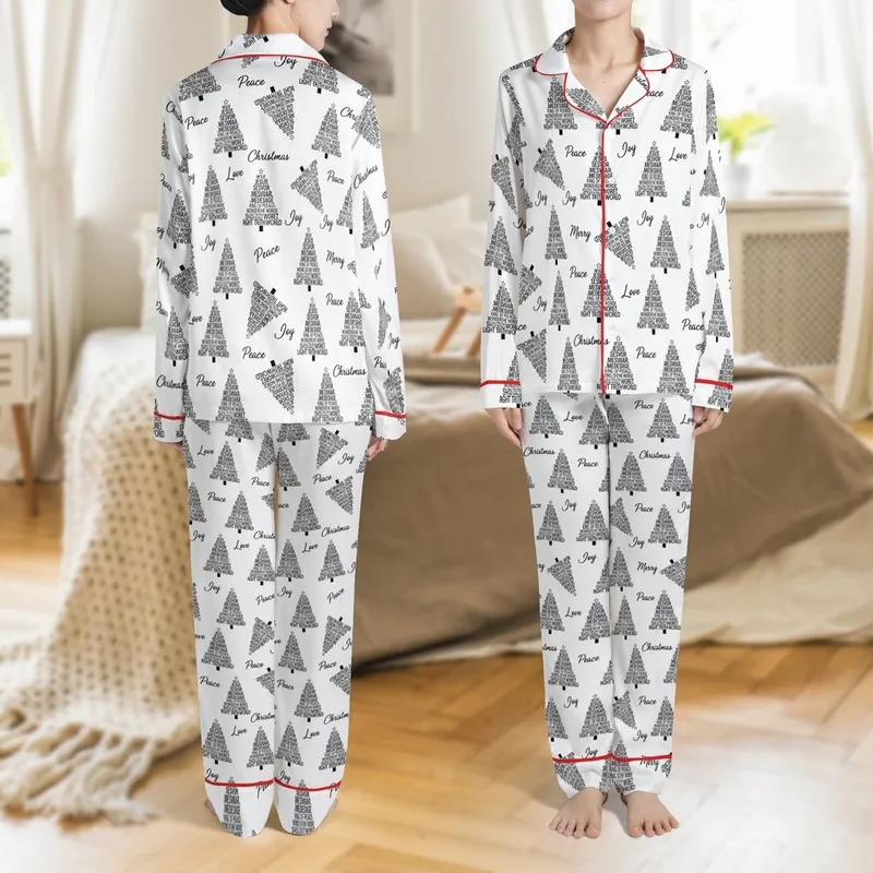 Christian Family Custom Jesus Names Typographic Christmas Tree 2025 Holiday Sleepwear Satin Pajamas Set - 1