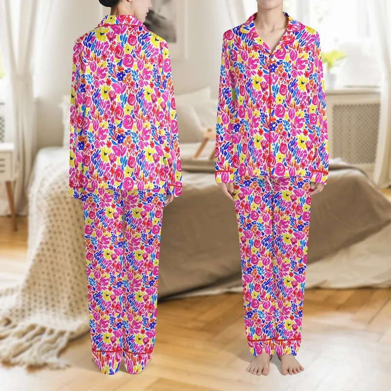 Women's Soft Rayon Button Down Pajama Set: Vibrant Floral Print Short Sleeve Pants Gift Satin Pajamas Set - 1