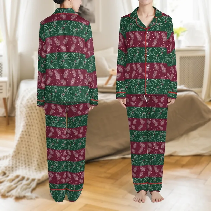 Family Matching Satin Sleepwear: Holly & Pine Foliage Pattern - Festive Burgundy Green Design Satin Pajamas Set - 1